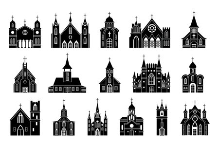 Church icons, chapel buildings silhouettes. Simple city exteriors, sanctuary basilica signs, garish religion. Temple facade. Catholic tower with bells. Vector graphic design illustrationのイラスト素材