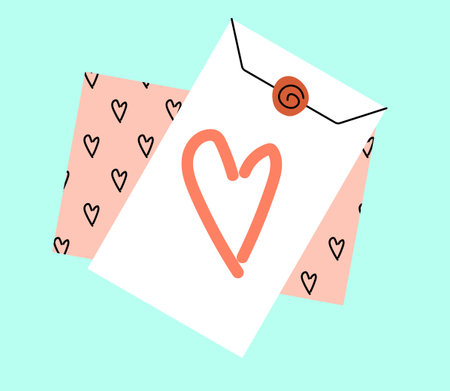 Cartoon envelope. Paper letter receive. Sending mail card. Postcard with wax stamp. Romantic communication. Love heart. Postal messages delivery. Holiday invitation. Vector illustrationのイラスト素材