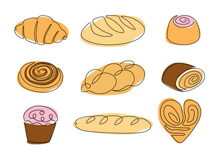 Bakery set. One line food, simple outline bread, muffin loaf and croissant. Wheat ear and loaf. Toast, baguette, bun contour flat icons. Vector isolated on white background illustrationのイラスト素材