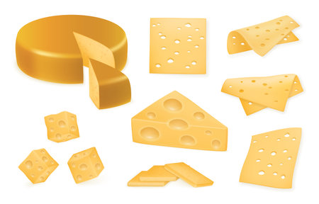 Realistic cheese set. Whole, half and food slice, natural package. Chunk cheez pieces, swiss cheddar different cutting, snack cut, yellow holes, milk product. Vector 3d neoteric illustrationのイラスト素材