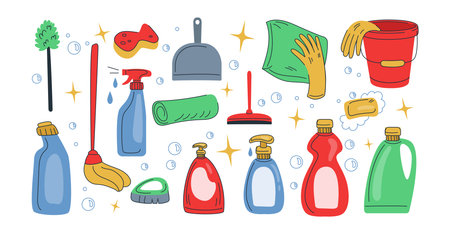 House clean, housework spray bottles. Cleanup bucket with gloves, household home supplies and detergents, cleaning spray and mop, rags and sponges vector cartoon tidy illustrationのイラスト素材