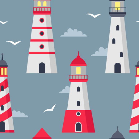Lighthouse pattern, travel light building. Blue sea security or safety equipment, ocean adventures. Childish print. Decor textile, wrapping paper, wallpaper. Vector seamless tidy backgroundのイラスト素材