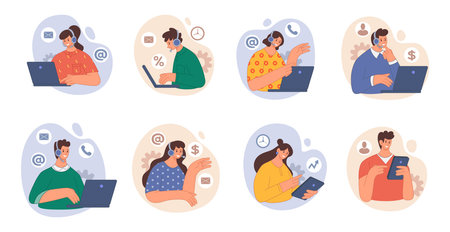 Customer service. Clients care support. Tech schedule for business center. Agent professional help. Chatbot line 24 7. People with mobile device. Vector abstract tidy illustrations setのイラスト素材
