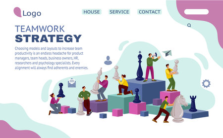 Chess game landing page. Website interface template. Team skill. Corporate communication of king or queen figures. Human training. Pawn and rook. Teamwork strategy. Vector tidy conceptのイラスト素材