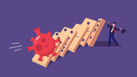 Economic help in coronavirus. Business risks of virus outbreak. Finance recession. Impact company market. Loss money. Virus policy. Covid-19 germ and domino. Vector illustration conceptのイラスト素材