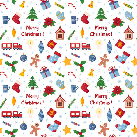 Winter toy pattern, vintage paper. Snow tree gift seamless background, happy invitation card backdrop ornament, holiday celebration. Train and gingerbread. Vector design utter illustrationのイラスト素材