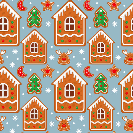 Christmas cookie house, village pattern. Cute snowy home, sweet noel ornament, decorative winter city. Decor textile, xmas holidays wrapping paper. Vector seamless tidy illustrationのイラスト素材