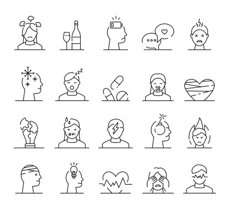 Human mood icons. Angry and stressed person. Frustrated woman. Aggressive yell man. Head symbols. Control of depressed emotions. Overworked and annoyed. Vector line garish pictograms setのイラスト素材