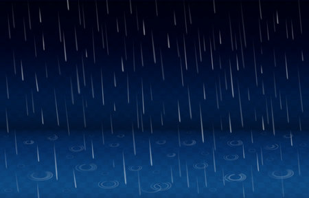Heavy 3D rain. Rainfall ripple. Spring rainy weather. Blurred season hailstorm. Autumn shower. Falling water drops. Raindrop circle splashes in puddle. Vector realistic neoteric backgroundのイラスト素材