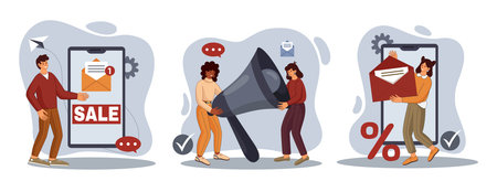 Mobile mail announce. Discount advertising. Email sending. Characters with letter envelope and megaphone on market. Collection of phone sale promotions. Vector illustration concepts setのイラスト素材