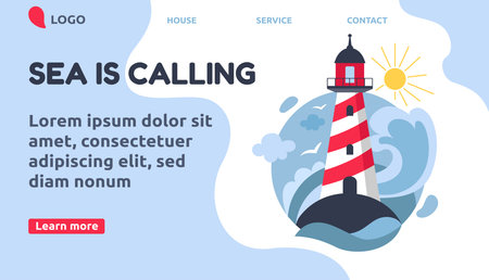 Marine adventures. Sea calling. Lighthouse web landing page. Beach gull. House light construction. Beach traveling. Ocean water waves. Navigation tower. Vector website tidy templateのイラスト素材