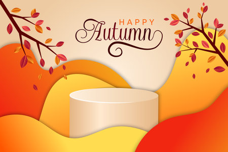 Autumn background, gift product display. Thanksgiving day fall poster, landscape banner with empty platform. Orange orange tree. 3d isolated podium vector illustration garish templateのイラスト素材