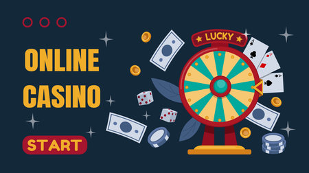 Casino roulette game banner, wheel landing page. Fortune or success, money for winners, fun number. Playing gambling chips and cards, golden coins. Casino entertainment. Vector tidy backgroundのイラスト素材