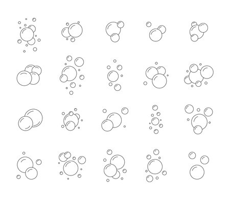 Soda bubble icons, line soap elements, oxygen molecules. Clear liquid and soapy foam, bath boiling gel, sea and shower, suds circles. Vector isolated illustration recent pictogramのイラスト素材