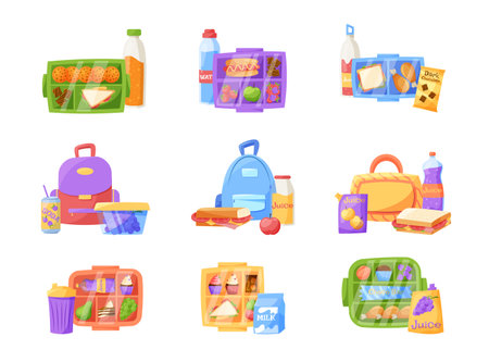 Packed lunch box. Kids school breakfast food containers with fruits and sandwiches. Chocolate and apples. Bread and cheese in lunchbox. Children snacks set. Vector design garish iconsのイラスト素材
