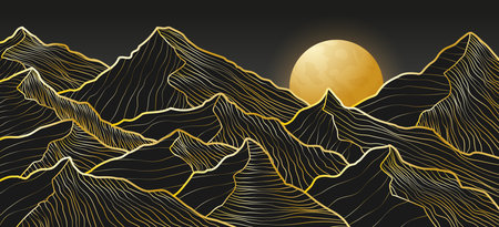 Gold mountains. Line art luxury background. Abstract hill relief, black and golden, nature, sun on map, foil texture. Rock peaks and moon, midnight landscape. Vector design garish illustrationのイラスト素材