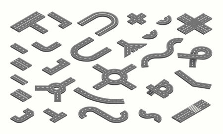 Highway city street isometric elements, road traffic. Track car, circle journey route, cross line path, direction way. Ring and straight road. Vector illustration current speedway elementsのイラスト素材