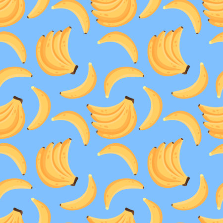 Banana wallpaper, cute doodles pattern. Funky repeat of fruit, fun bright pop tropical summer food. cartoon minimalistic isolated blue background. Decor textile. Vector seamless garish textureのイラスト素材