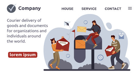 Newsletter mail. Digital mailbox landing. Email correspondence. Delivery service sent address by letter. People receive postal advertising. Post incoming. Vector website tidy templateのイラスト素材