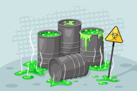 Chemical hazard materials. Radioactive waste substances. Liquid environmental poison. Contamination storage. Toxic leaking barrels. Biohazard caution sign. Vector garish illustrationのイラスト素材