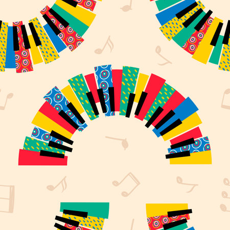 Pop art piano music pattern. Spring or summer jazz festival. Geometric motif. Cool endless pianoforte key texture. Colorful semicircles. Musical notes. Vector seamless current backgroundのイラスト素材