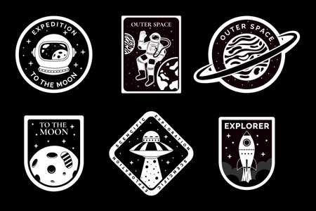 Space astronaut badge, logo design, adventure patch set. Vintage or retro galaxy travel label, earth and moon sticker, science black signs. Cosmonaut exploration. Vector garish illustrationのイラスト素材