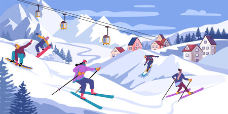 Winter snow ski sport, mountains. People skiers and snowboarders on snowboard and ski, snowy resort landscape. Young men and woman extreme activity. Vector cartoon flat exact illustrationのイラスト素材