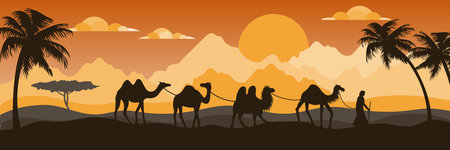 Camel silhouettes in desert. Bedouin caravan, pyramids and sun. Arab travel in Sahara safari, Arabian group in egypt. Horizontal banner dune landscape. Vector cartoon current illustrationのイラスト素材