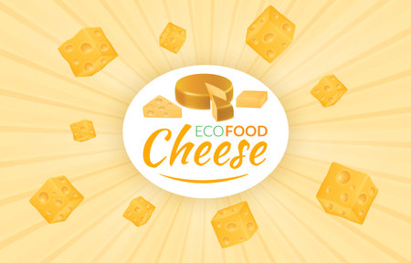 Cheddar cheese logo, emmental frame. Realistic gouda round slices, yellow texture. Flying pieces. Healthy milk product packaging. Eco food poster template. Vector design neoteric backgroundのイラスト素材