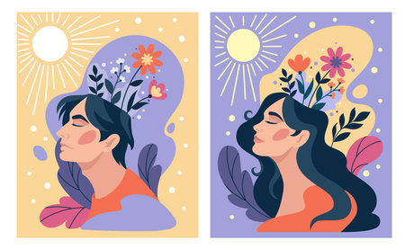 Positive mental health, happy balance mind. Woman thought, flowers in brain, man self care, healthy head relax. Optimistic thinking. Vector tidy illustration. Psychological therapy conceptのイラスト素材