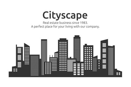 City buildings silhouette. Skyline cityscape. Real estate. Urban landscape. Downtown panorama. New office skyscraper style. Company banner design. Vector cartoon garish illustrationのイラスト素材
