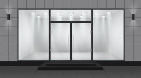 Shop storefront with glass doors and windows. Realistic showroom or gallery with display. Store room. Mall facade. Empty boutique. Architecture exterior. Vector 3D neoteric conceptのイラスト素材
