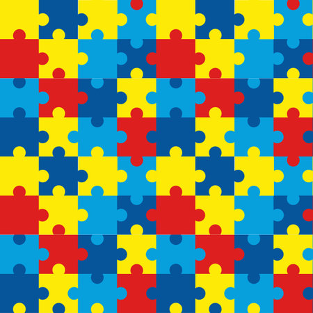 World Autism Day. Bright puzzle pattern. Disability awareness. Asperger brain. Children education and health. Riddle pieces connection. Mosaic toy assemble. Vector seamless tidy conceptのイラスト素材