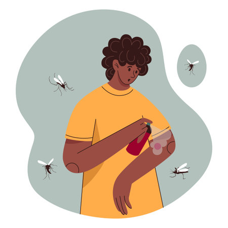 Mosquito bite. Male character spraying repellent aerosol. Hot bugs. Person in summer. Man safety at season. Insect sting. Dengue malaria. Bloodsucker wound. Vector flat tidy conceptのイラスト素材