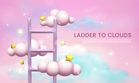 3D growth ladder. Dream clouds. Career level up. Job promotion. Step to success. Iridescent heaven background. Stairway to leadership. Business achievement. Vector realistic exact conceptのイラスト素材