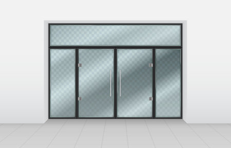 Store entrance. Realistic glass doors. Shop storefront. Exterior front of office or supermarket. View of mall wall. Transparent doorway. Showcase windows. Vector 3D neoteric mockupのイラスト素材