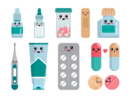 Medicine pills set, antibiotics and drug funny characters. Pharmacy mascot, medical tablets, vitamins in capsule, aspirin in container and blisters. Vector cartoon flat current illustrationのイラスト素材