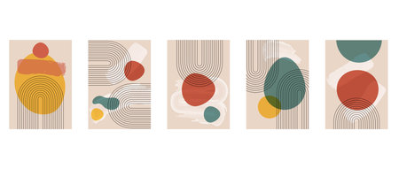 Abstract line shapes, art posters collection. Minimalist organic modern arch and stains, creative minimal wall, color decoration. Bright and natural colors. Vector graphic tidy illustrationのイラスト素材