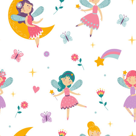 Fairy princess pattern, cute girls dancing. Doll child and flowers, childish baby fabric with magic rainbow and moon, sweet heart. Wrapping design. Vector seamless tidy illustrationのイラスト素材