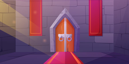 Medieval castle. Dungeon doors. Magic interior. Game building. Brick house. Fairytale stone decoration. Wood and iron doorway. Red carpet and flags. Vector illustration recent backgroundのイラスト素材
