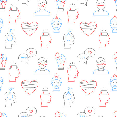 Fatigue and anxiety. Tired person line pattern. Headache in sleep. Psychology phobia. Sad man. Stress and panic mood. Human head. Annoyed furious people. Vector garish seamless backgroundのイラスト素材
