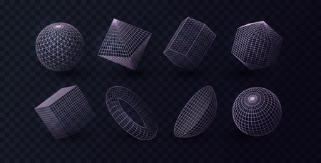 3d line Polygonal geometric shapes. Circle and square grid. Abstract geometry graphic triangle, ring design, mesh cube. Linear algebra figures. Retrowave style. Vector illustration exact objectsのイラスト素材