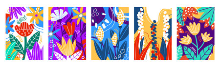 Abstract floral ornament, easter covers collection. Spring nature art bouquets, card with summer flowers and leaves. bright colors, doodle drawing posters set. Vector garish design backgroundのイラスト素材