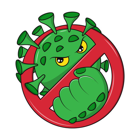 Stop corona virus cute logo. Monster and bacteria characters. Coronavirus sign. Healthcare protection. Crossed circle. Angry microbe. 2019-ncov infection. Vector cartoon current iconのイラスト素材
