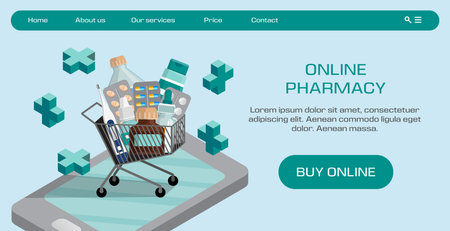 Online pharmacy landing. Drugs shop. Hand with phone. Hospital delivery of remedy pills. Drugstore website interface. Shopping cart on smartphone screen. Vector current design templateのイラスト素材