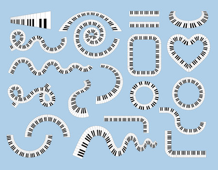 Circle piano keyboard. Jazz music poster. Creative line shapes set. Retro rhythm art. Party or concert sign. Pianoforte semicircles and border figures. Vector flat current illustrationのイラスト素材