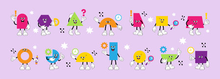 Education figures, geometry face characters. Children comic shapes, cute geometric math game, hexagon and circle with legs and hands. School or kindergarten mascot. Vector cartoon tidy setのイラスト素材