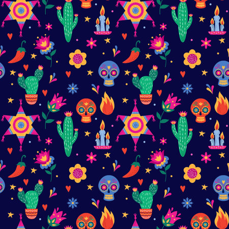 Mexican dead day decoration, cartoon pattern. Vintage halloween, mexico texture, celebration symbols, cactus and skull, bright flowers. Vector seamless tidy botanical festive backgroundのイラスト素材