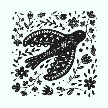 Simple Scandinavian bird with flower details. Summer or spring animal art. Retro floral doodle. Apparel print. Plant blossom. Black silhouette Scandi birdie. Vector vintage utter patternのイラスト素材