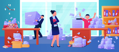 Office bureaucracy. Document pile. Problems in company. Busy or late. Workaholic employees carry sheets and folders stacks. Photocopy printer. Vector illustration recent paperwork conceptのイラスト素材